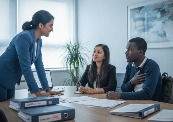 Asylum solicitor and interpreter collaborating in a court proceeding